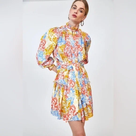 Hunter Bell Blakely Long Sleeve Silk Dress in Colorful Flower Patchwork, Medium - Picture 2 of 10